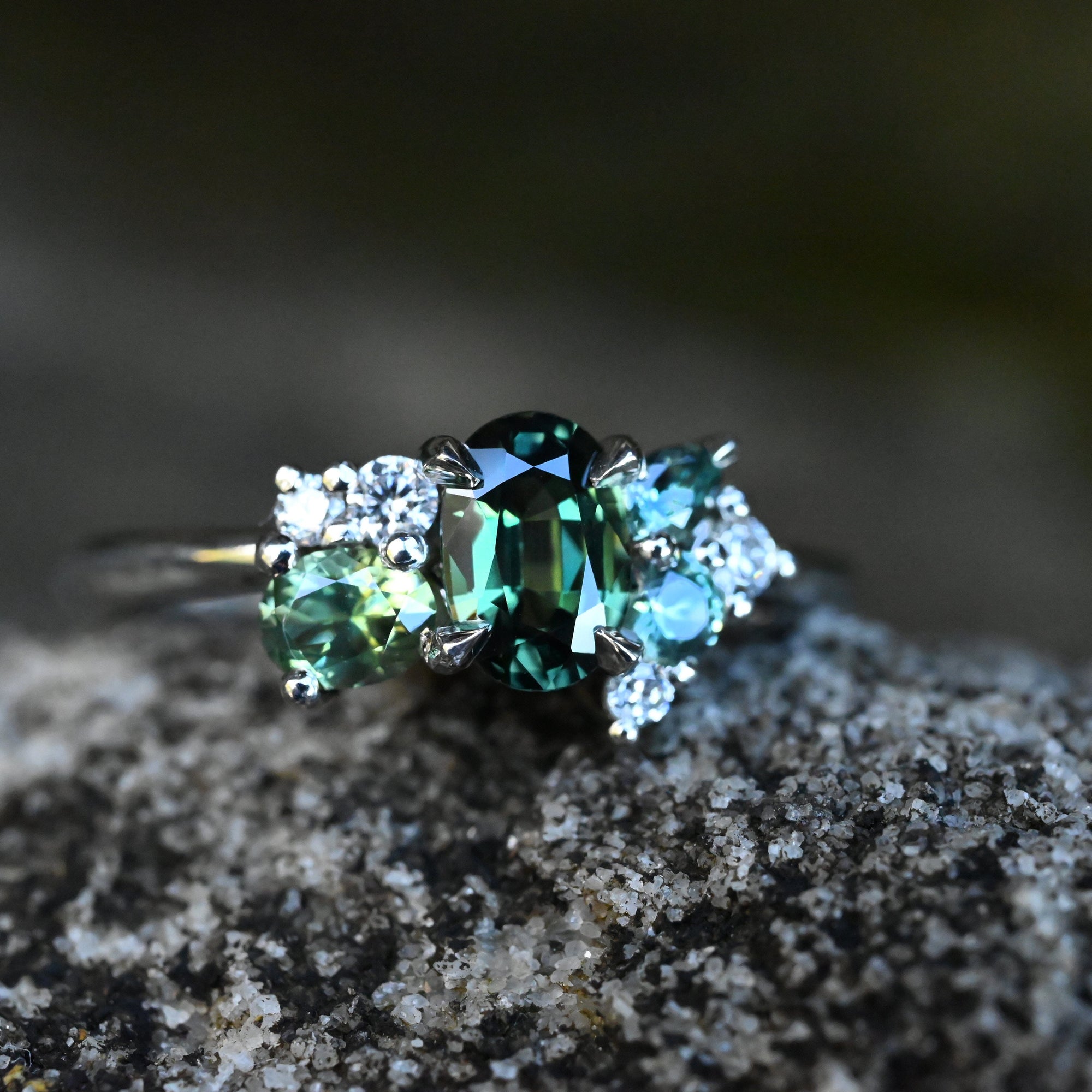 'Mini Spatter' Australian Green Sapphire Platinum Ring Ring Jason Ree Design 