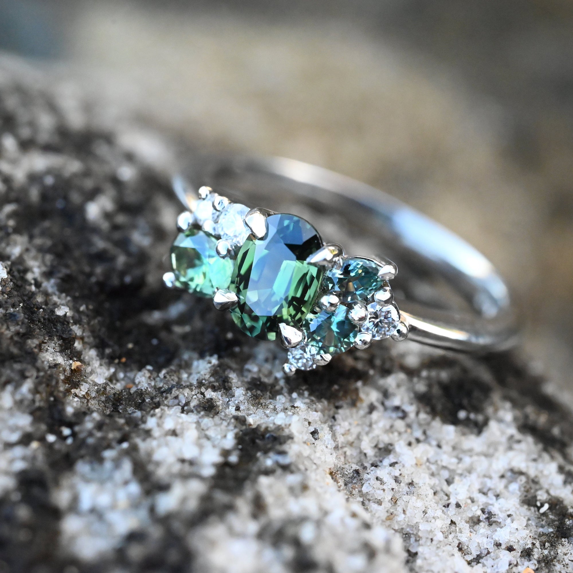 'Mini Spatter' Australian Green Sapphire Platinum Ring Ring Jason Ree Design 