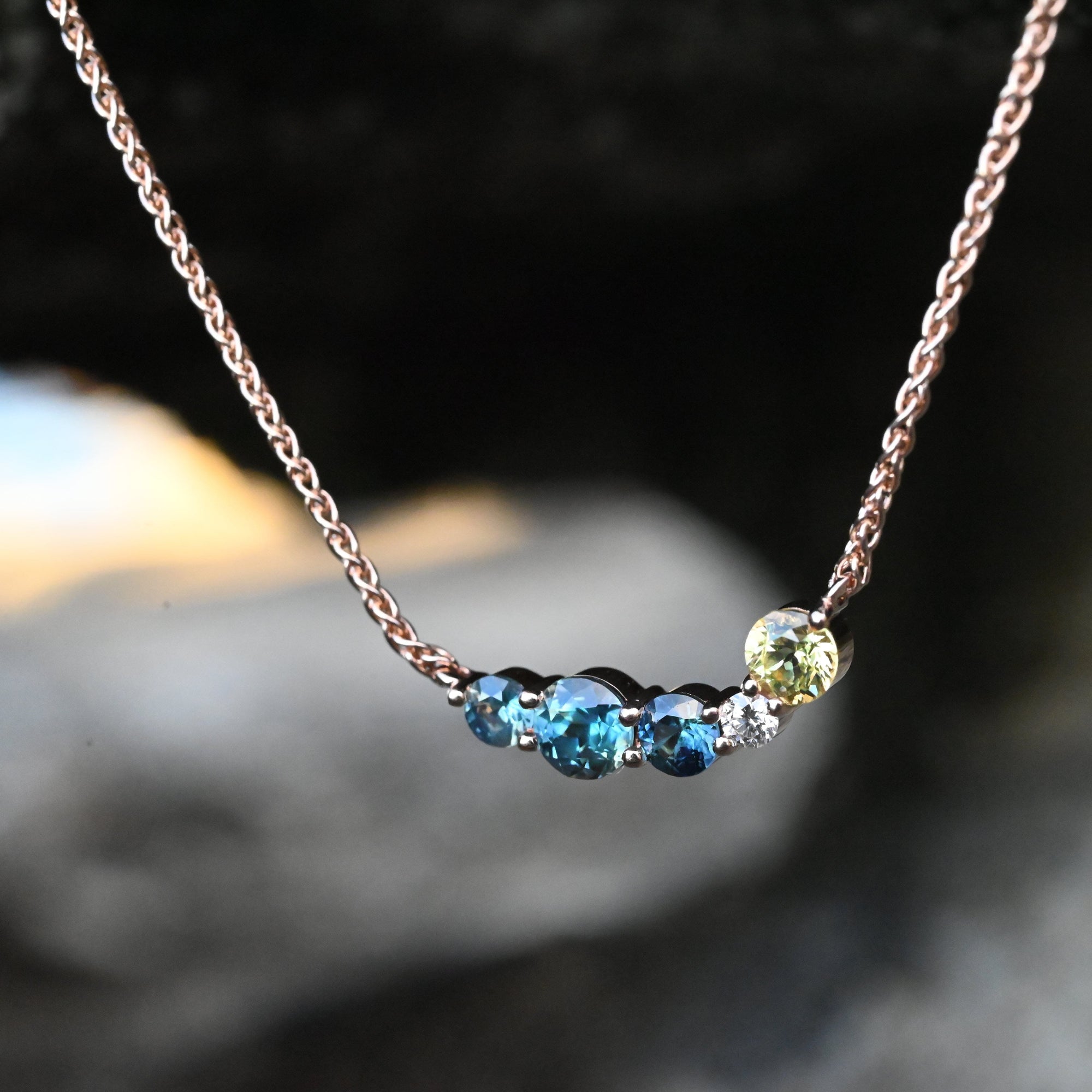 'Seafoam' Australian Sapphire &amp; Diamond Rose Gold Necklace Necklace Jason Ree Design 