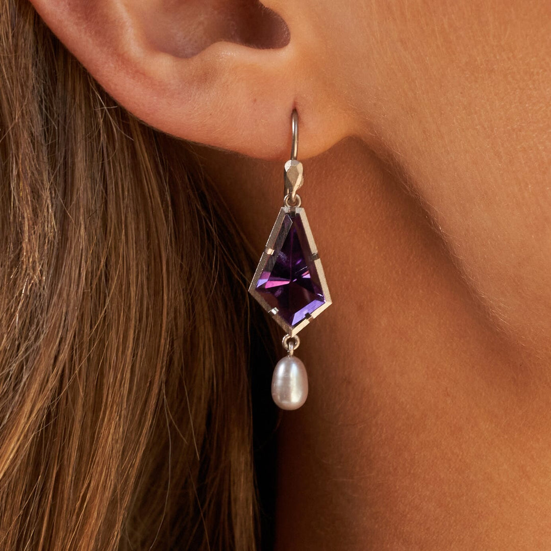 ‘Summit’ Amethyst & Silver Pearl White Gold Earrings Earrings Jason Ree Design 
