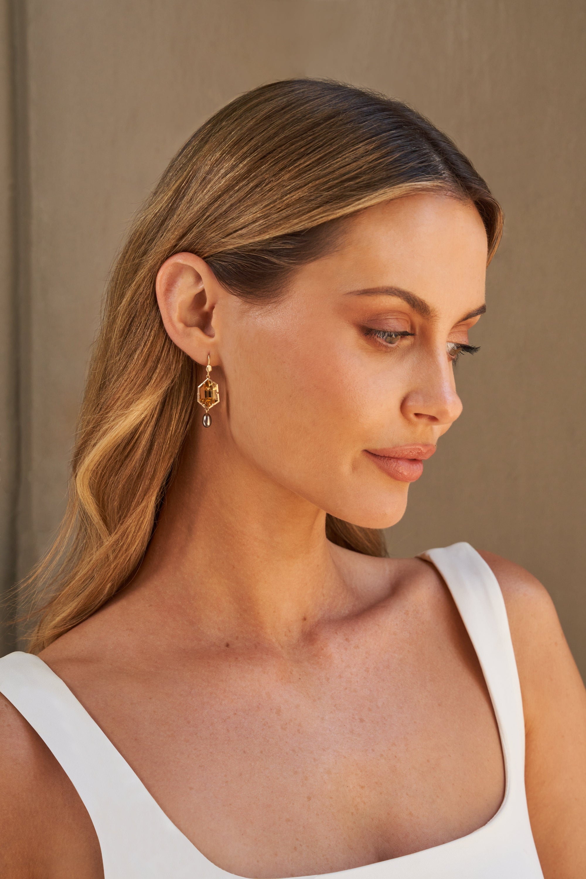 ‘Peak’ Citrine & Bronze Pearl Yellow Gold Earrings