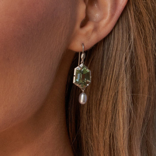‘Peak’ Prasiolite & Silver Pearl White Gold Earrings Earrings Jason Ree Design 