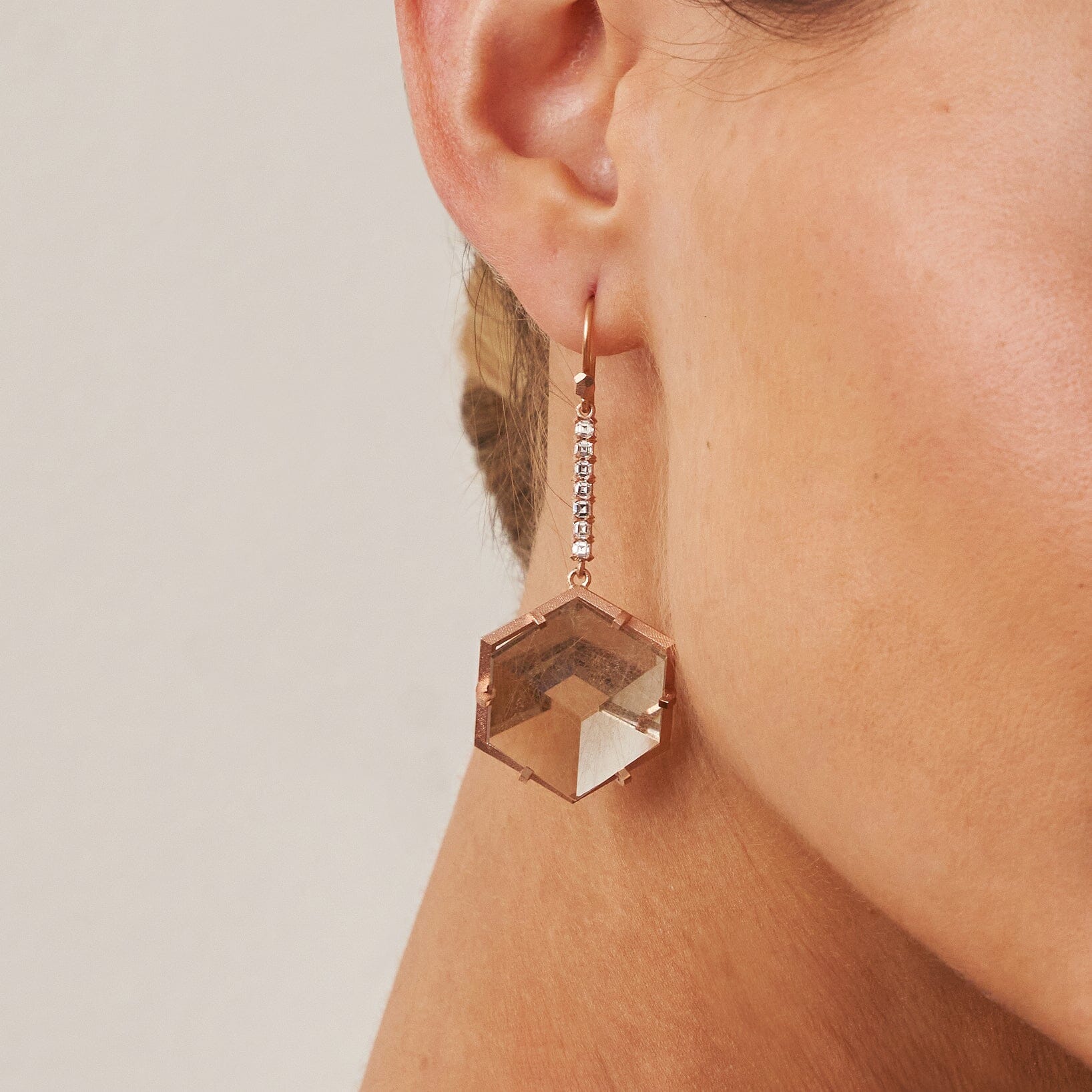 ‘Geode’ Rutilated Champagne Quartz & Diamond Drop Rose Gold Earrings 