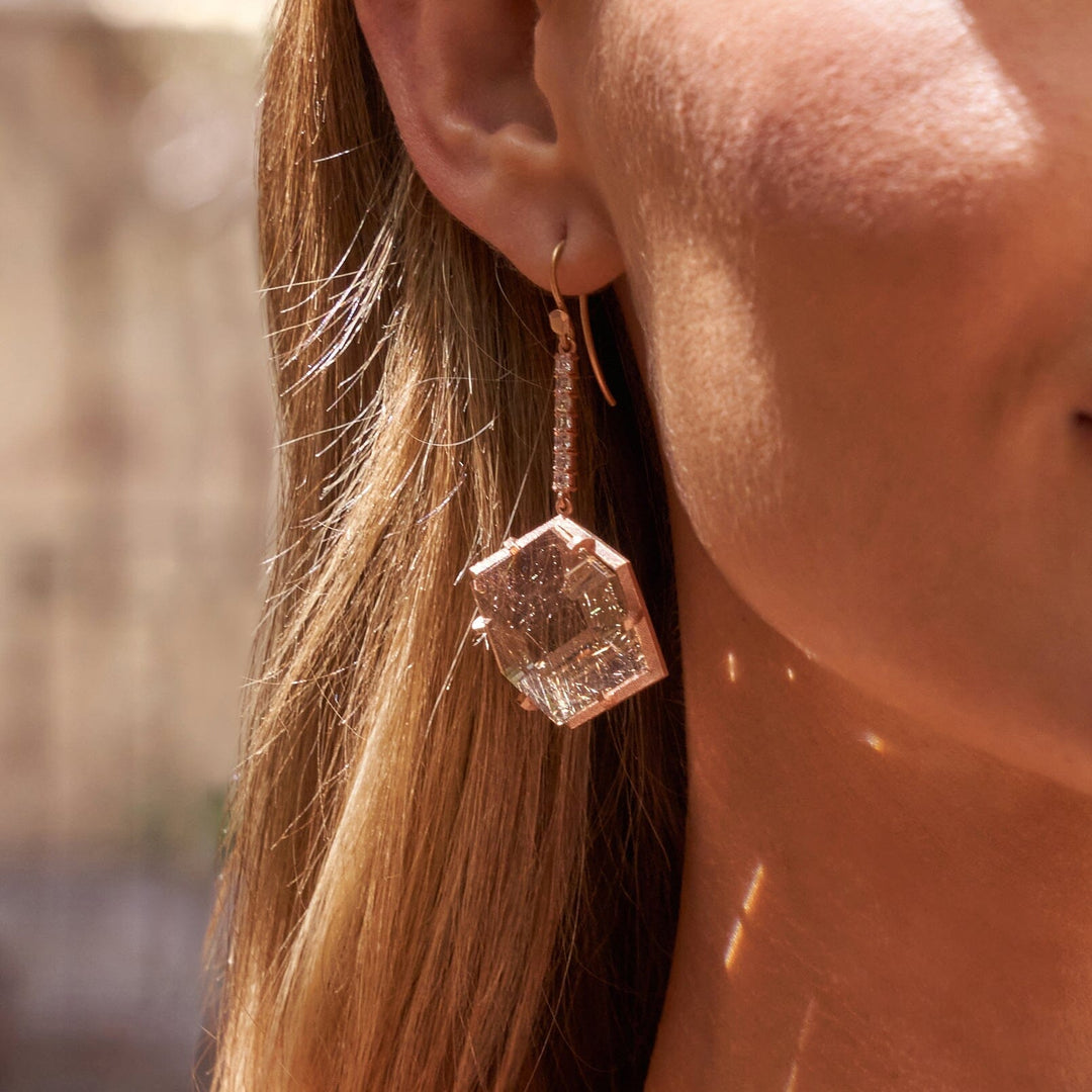 ‘Geode’ Rutilated Champagne Quartz & Diamond Drop Rose Gold Earrings Earrings Jason Ree Design 