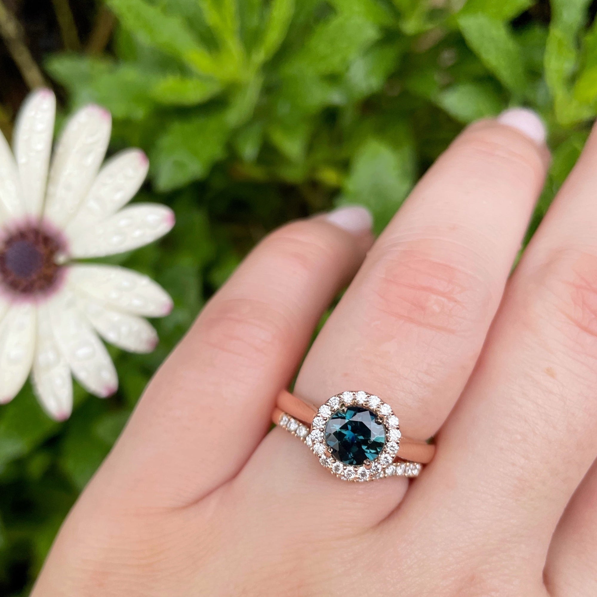 ‘Zipporah’ 1.30ct Teal Australian Sapphire Halo Ring Ring Jason Ree Design 