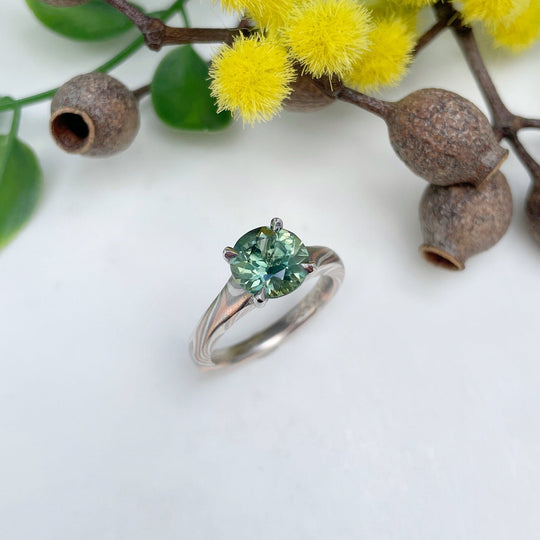 Bluegum Mokume Gane Solitaire 2.27ct Australian Green Sapphire Ring Jason Ree Design 