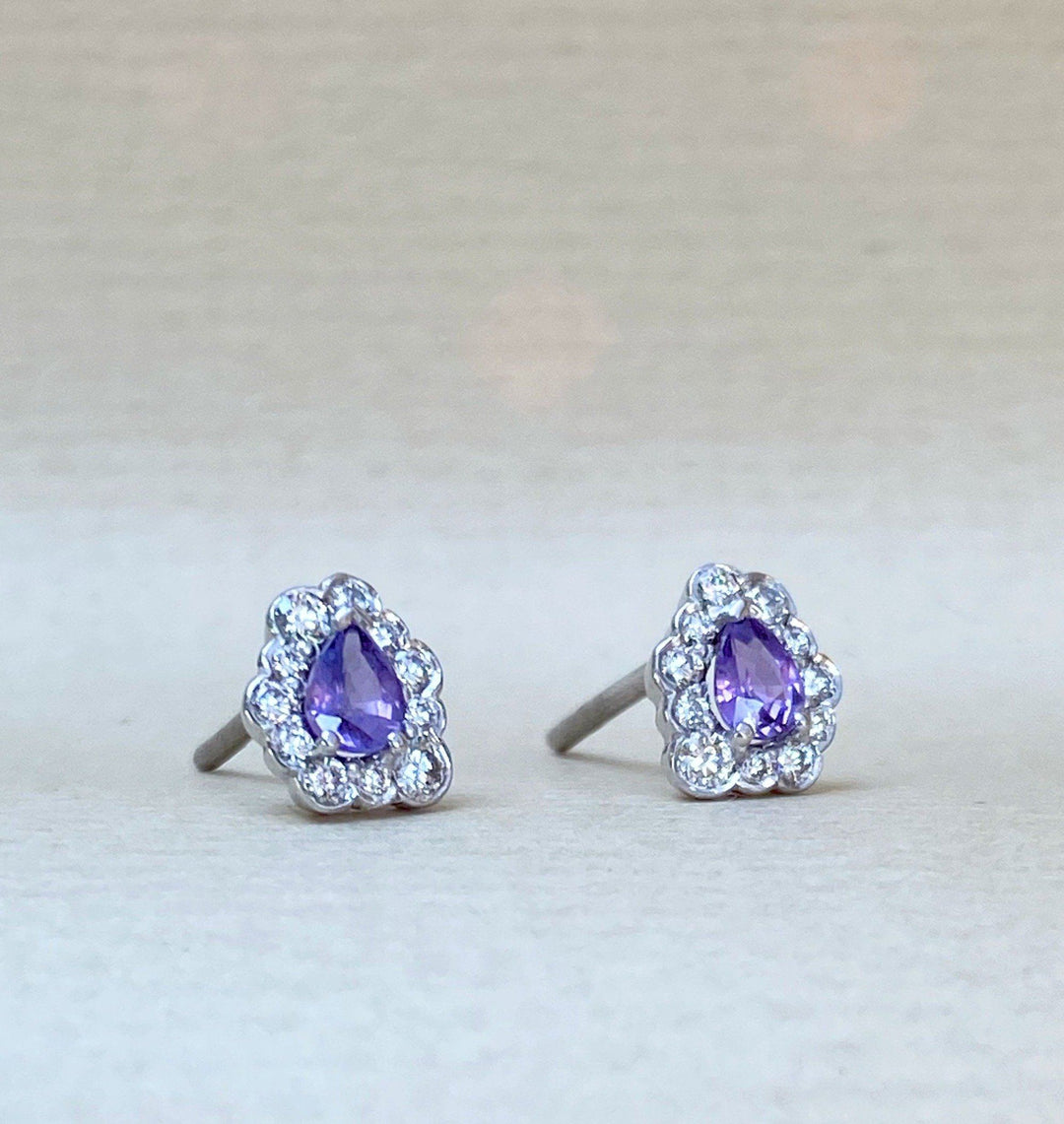 "Raindrops" 0.37ct Purple Sapphire & Diamond Studs Earrings JasonRee 