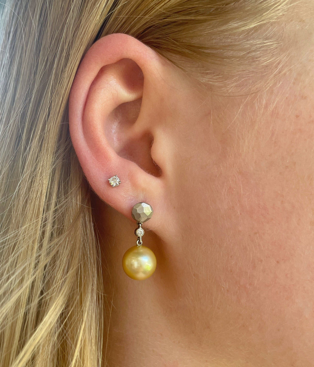 "Helmi" Gold Pearl & White Diamond in Platinum Earrings JasonRee 