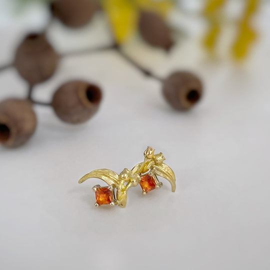 ''GumLeaf'' Orange Sapphire & Yellow Gold Studs Earrings Jason Ree Design 