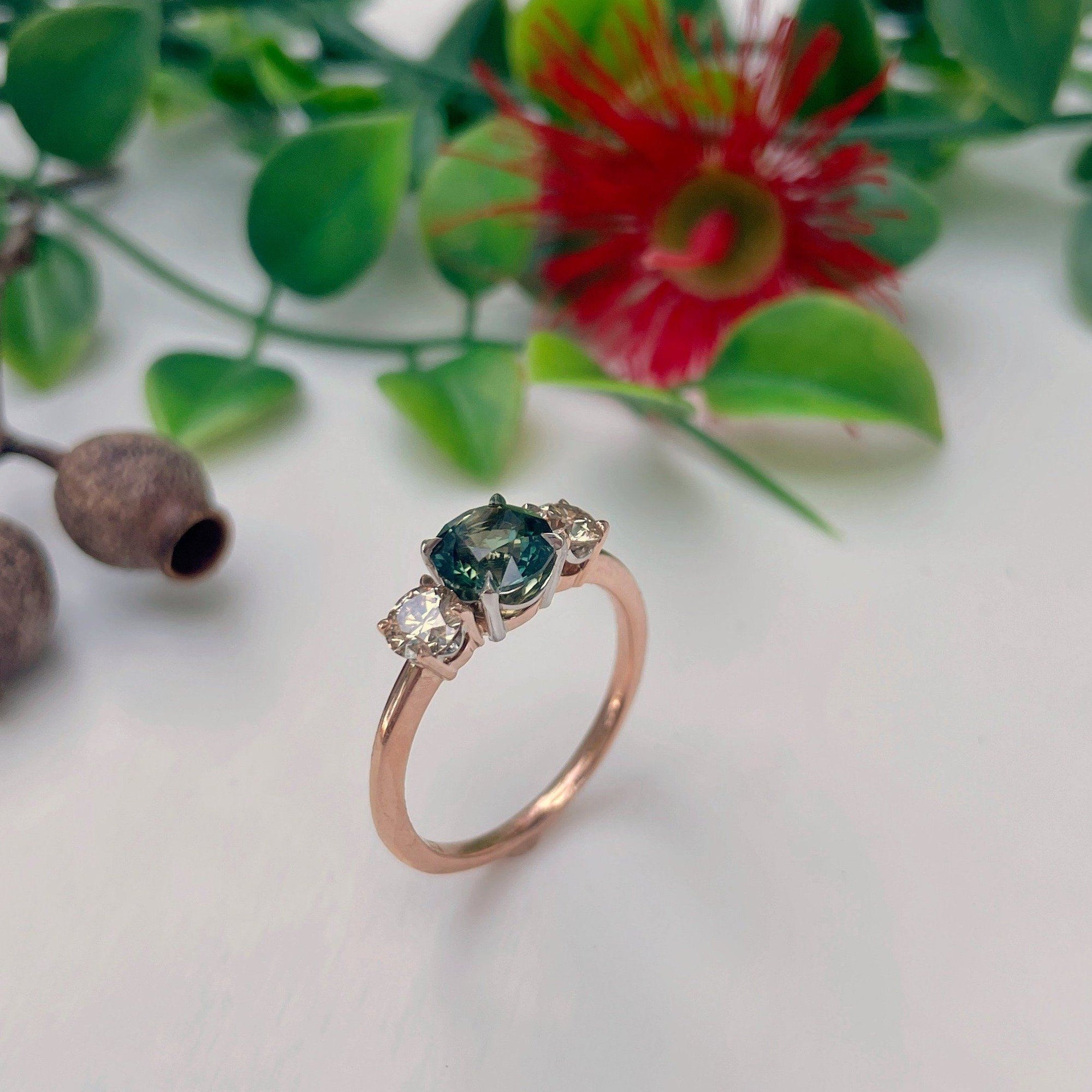 ‘HighWire Trilogy’ 1.33ct Australian Green sapphire &amp; Argyle diamond ring Ring Jason Ree Design 