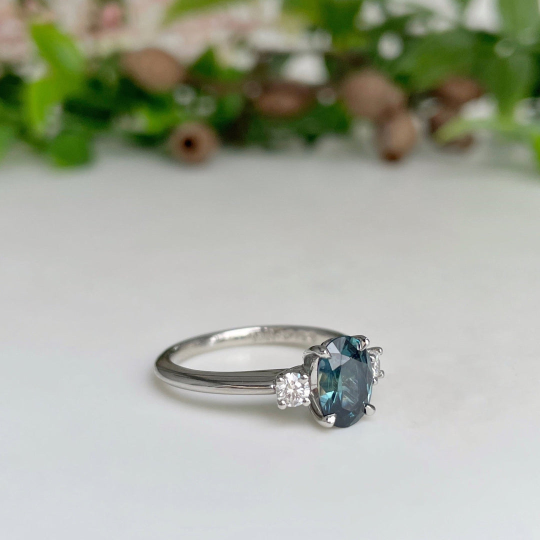 ‘Riverina’ 1.30ct Oval-cut Bright Teal Australian Sapphire & Diamond Platinum Ring Ring Jason Ree Design 