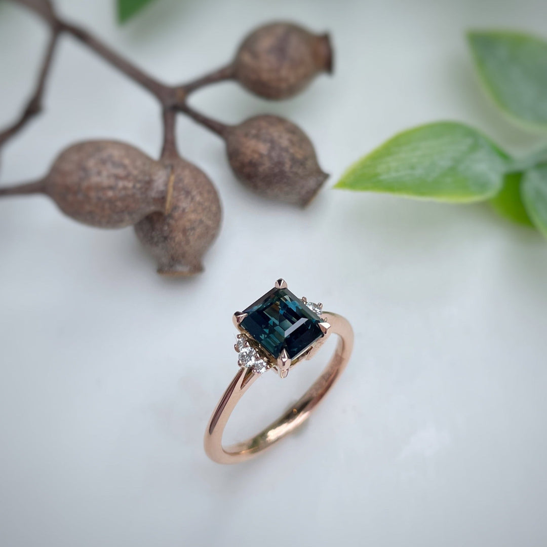 'Zoe' 1.93ct Unheated Australian Teal Square Emerald-cut Rose Gold Ring Ring Jason Ree Design 