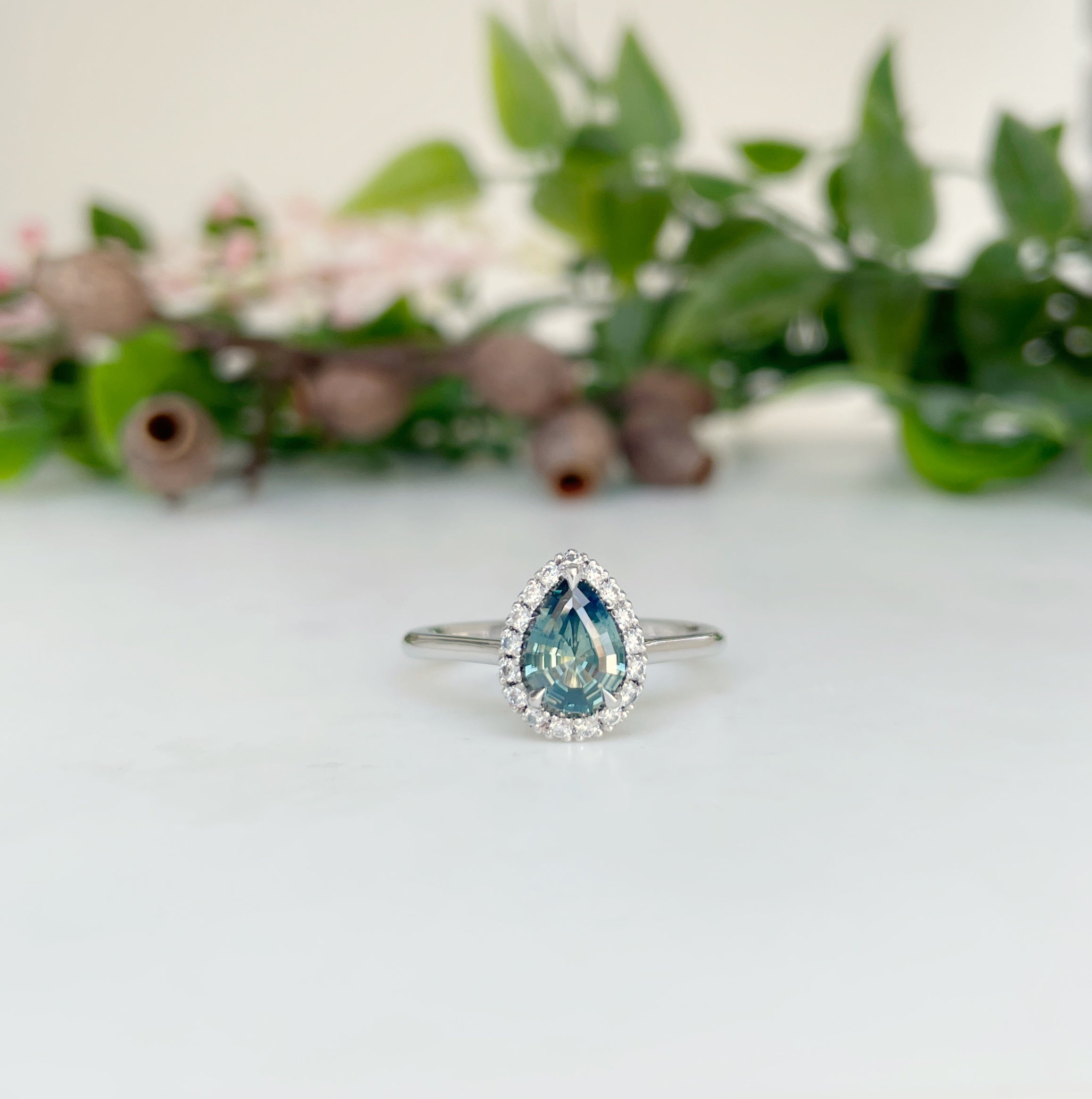 ‘Eden’ 0.90ct Pastel Blue Green Australian Pear-Cut Sapphire & Diamond Platinum Ring Ring Jason Ree Design 