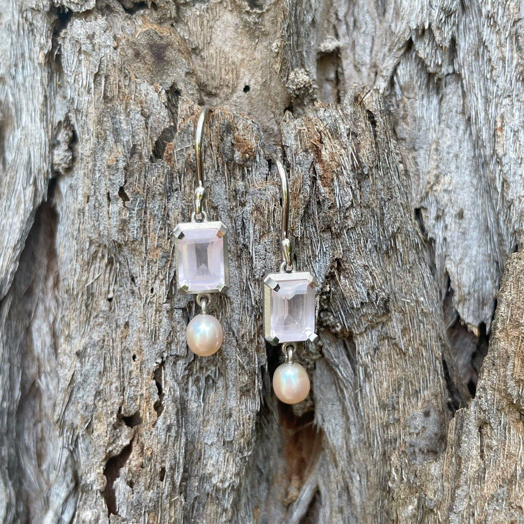‘Chevron’ 14ct Rose Quartz & Pink Pearl Drop White Gold Earrings (Small) Earrings Jason Ree Design 