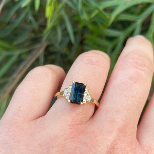 ‘Syren’ 2.04ct Australian Teal Emerald-Cut & Diamond Ring Ring Jason Ree Design 
