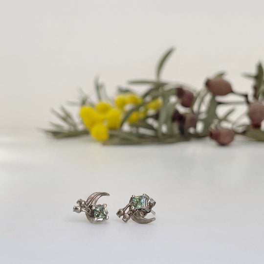 ''GumLeaf'' Green Sapphire & White Gold Studs Earrings Jason Ree Design 