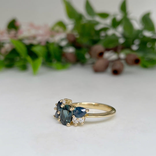 ‘Waterfall Spatter’ 1.70cts Blue & Teal Australian Sapphire Cluster Ring Ring Jason Ree Design 