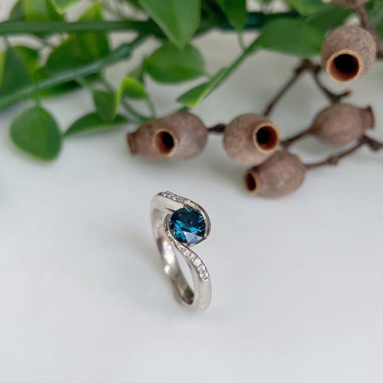 ‘La Mer’ 0.90ct deep Teal Australian Sapphire 18ct white gold ring Jason Ree Design 