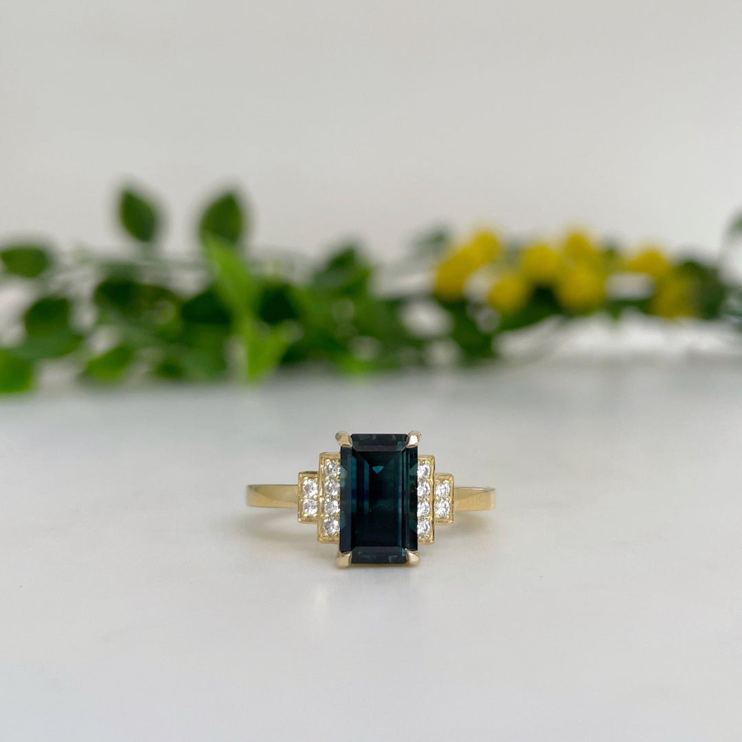 ‘Syren’ 2.04ct Australian Teal Emerald-Cut & Diamond Ring Ring Jason Ree Design 