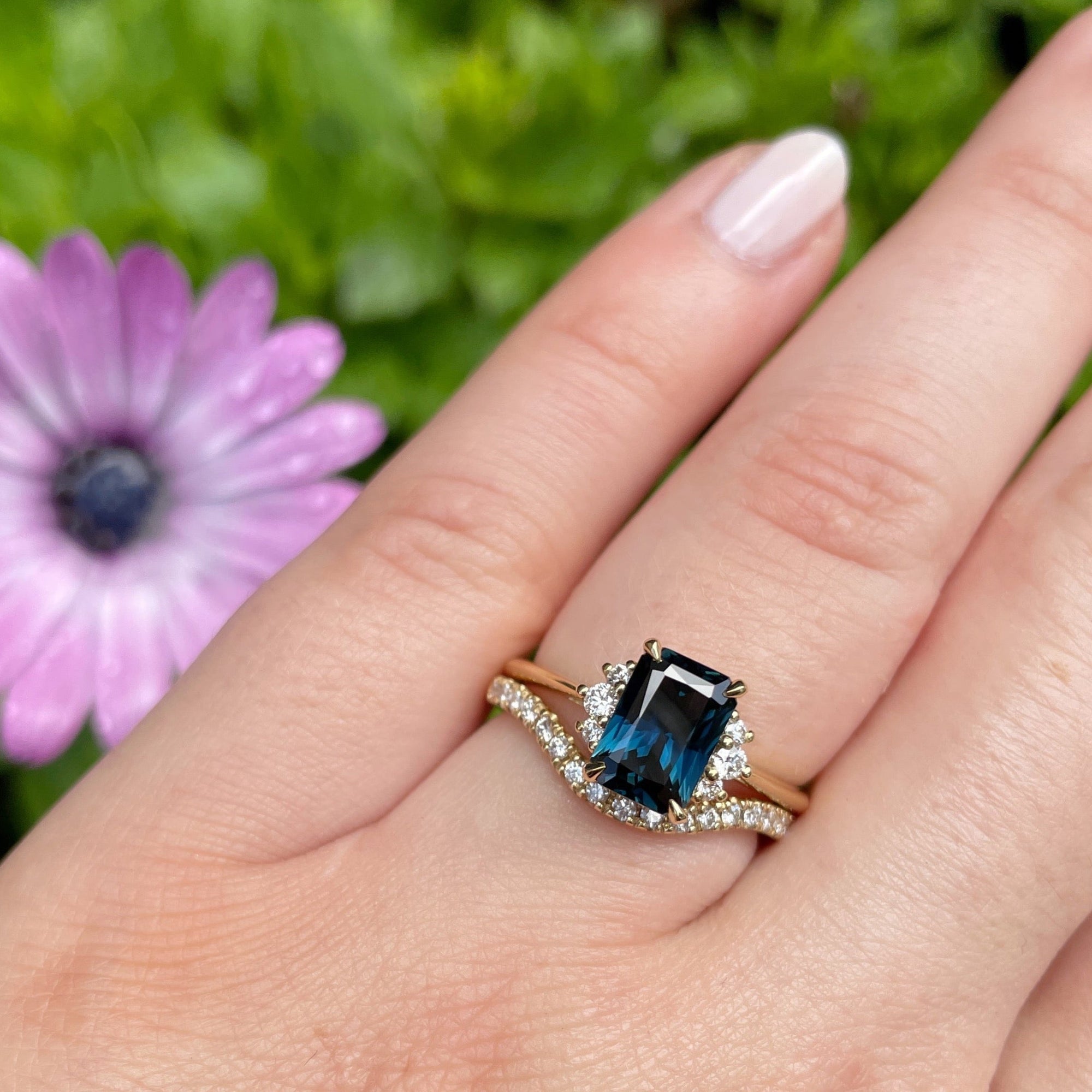 ‘Zoe’ 1.72ct Teal Radiant-Cut Australian Sapphire Ring on hand