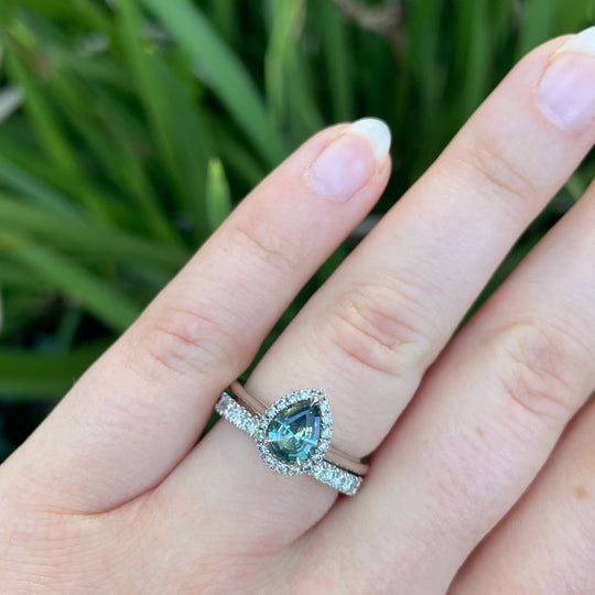 ‘Eden’ 0.90ct Pastel Blue Green Australian Pear-Cut Sapphire & Diamond Platinum Ring Ring Jason Ree Design 