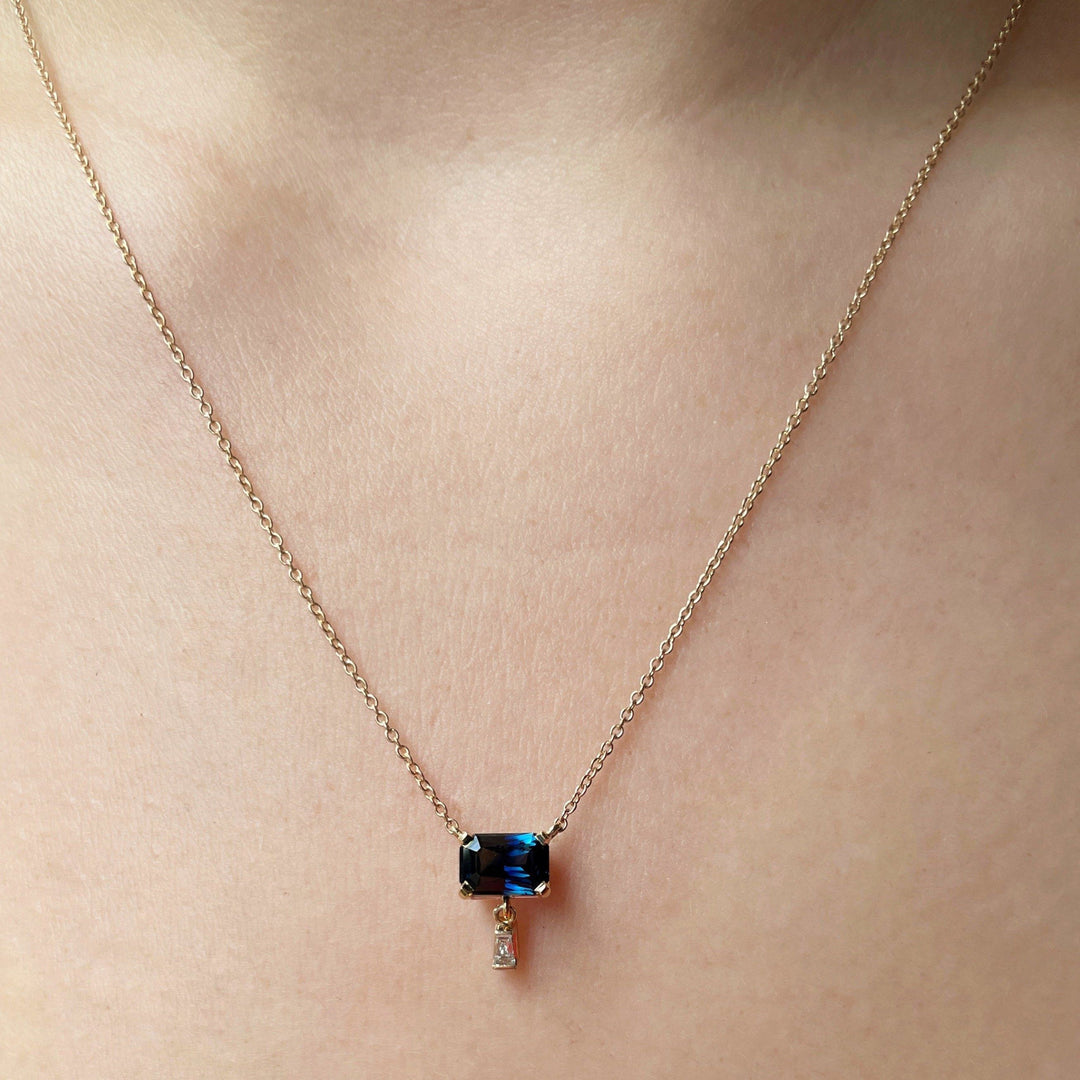 ‘Delaunay’ 1.26ct Australian blue sapphire & diamond baguette gold necklace Pendant Jason Ree Design 
