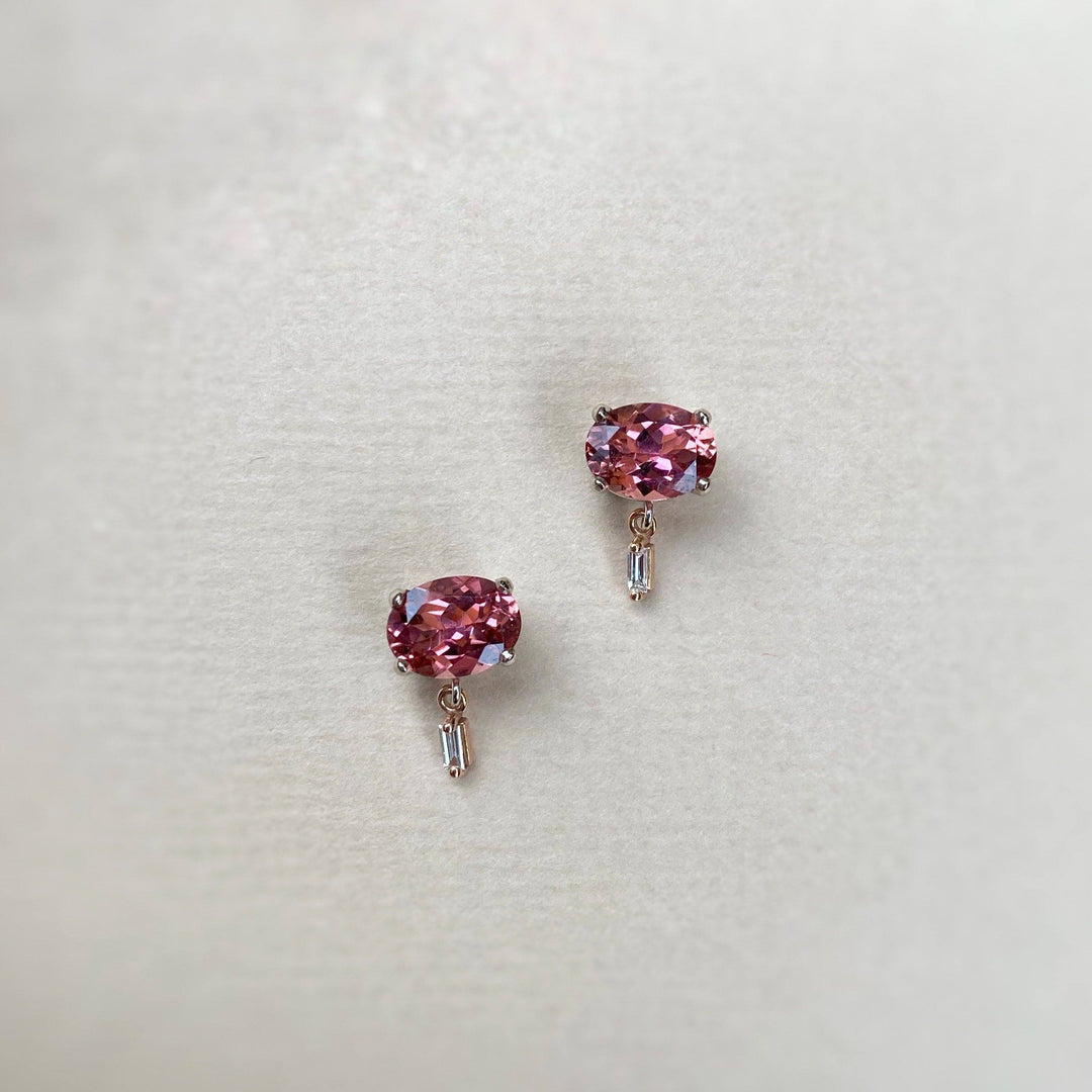 "Delaunay" 2.69ct Pink Tourmaline & Baguette Diamond Studs Earrings JasonRee 