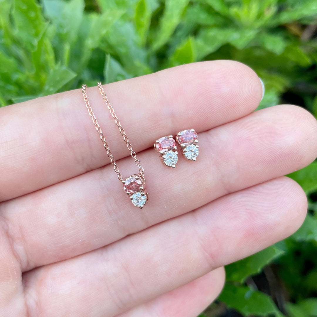 'Zoya' Padparadscha Pink/Peach Sapphire & Diamond Necklace & Earrings SET ONLY Earrings Jason Ree Design 