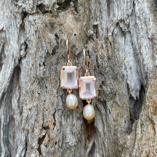 ‘Chevron’ 14ct Rose Quartz & Pink Pearl Drop Rose Gold Earrings (Large) Earrings Jason Ree Design 