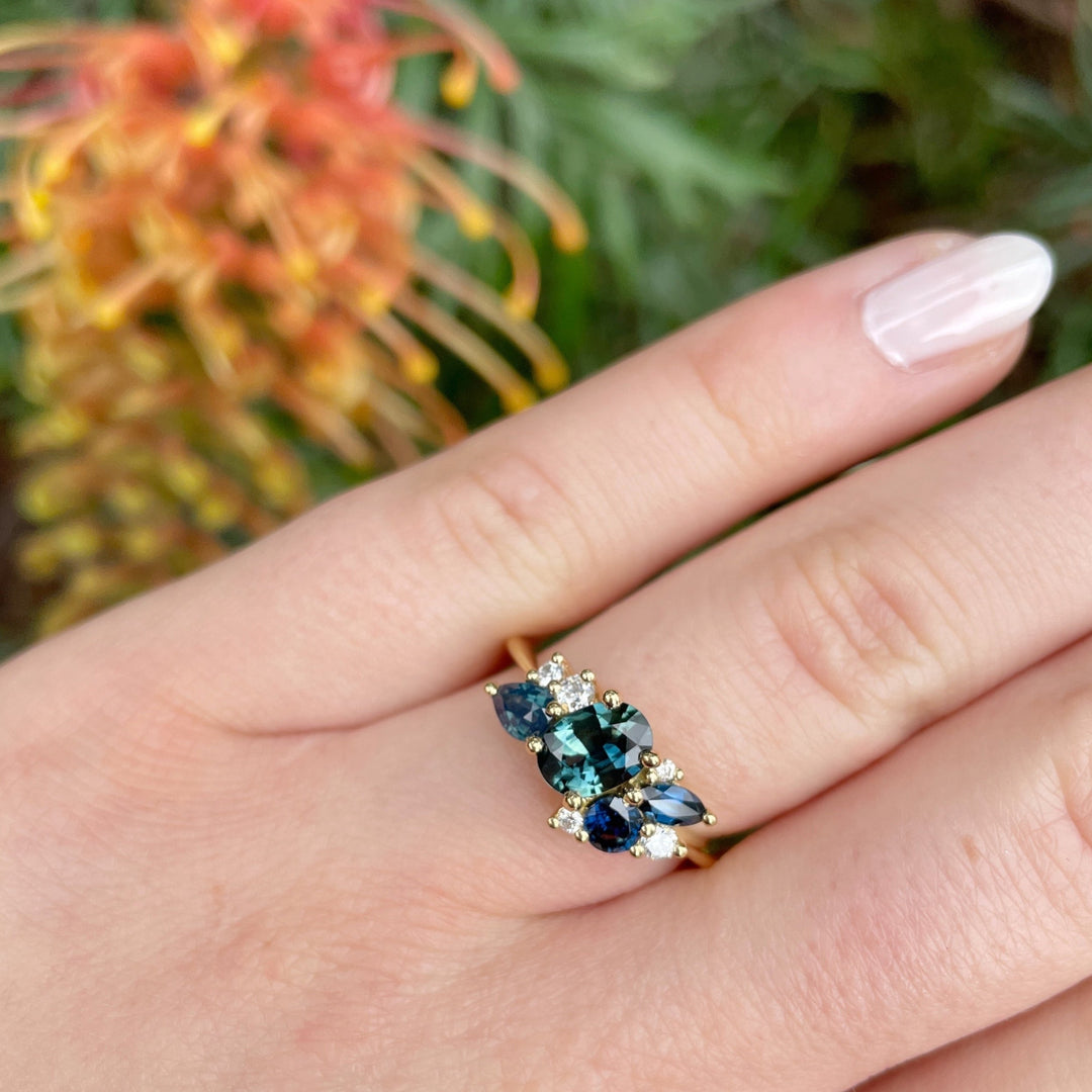 ‘Waterfall Spatter’ 1.70cts Blue & Teal Australian Sapphire Cluster Ring Ring Jason Ree Design 