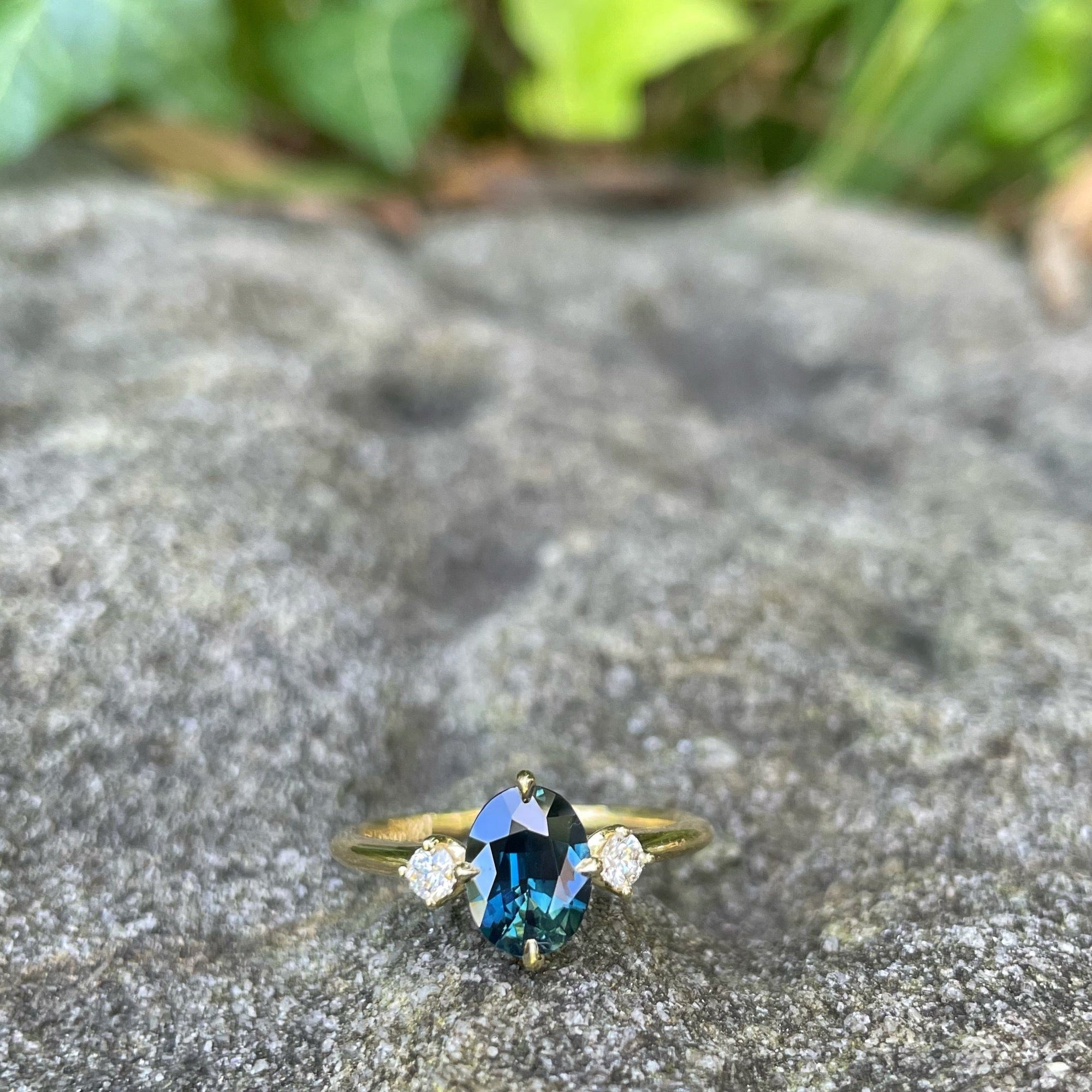 ‘Riverina’ Australian Blue/Green Sapphire &amp; Diamond Ring 