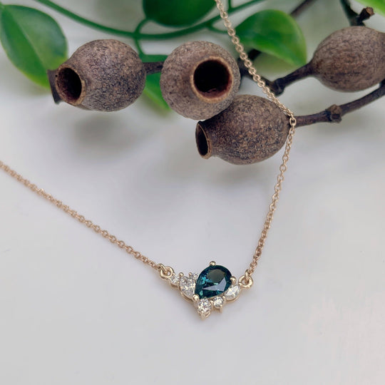 ‘Fleur’ Teal pear-cut Australian Sapphire and Diamond Necklace Jason Ree Design 