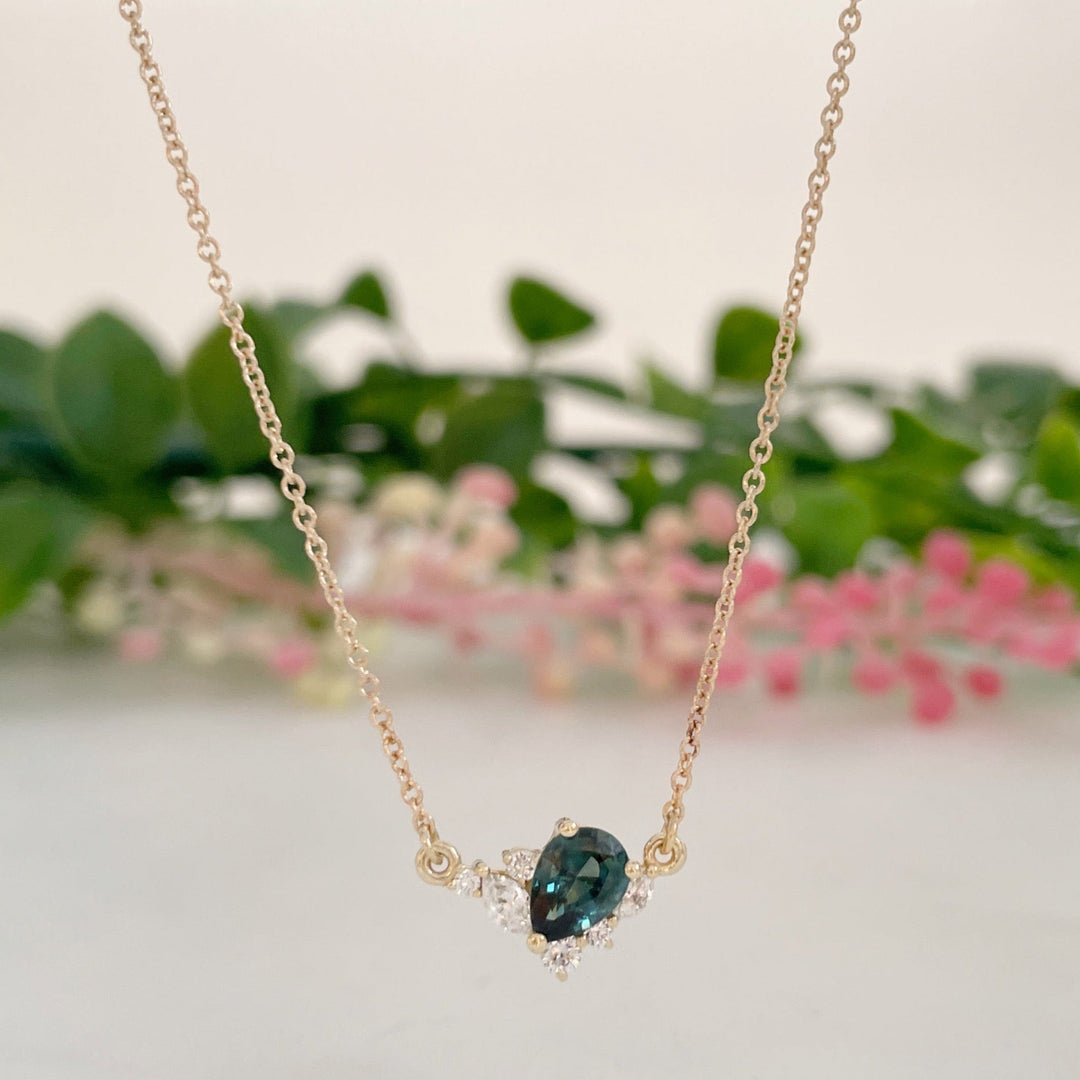 ‘Fleur’ Teal pear-cut Australian Sapphire and Diamond Necklace Jason Ree Design 
