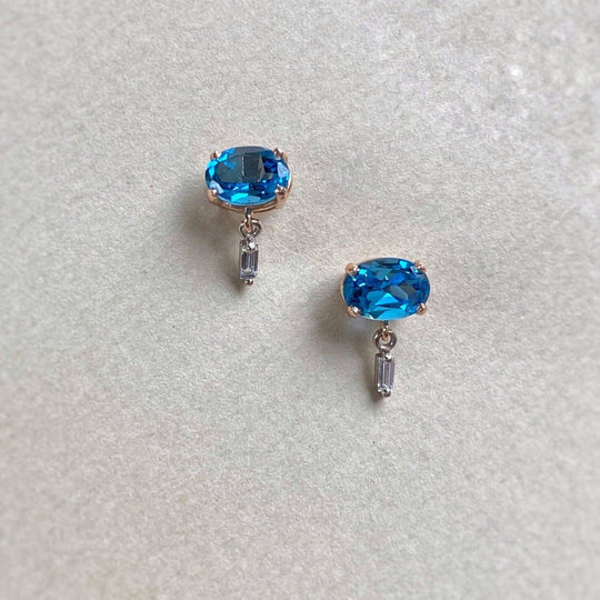 "Delaunay" 2.12ct Blue Topaz & Baguette Diamond Studs Earrings JasonRee 