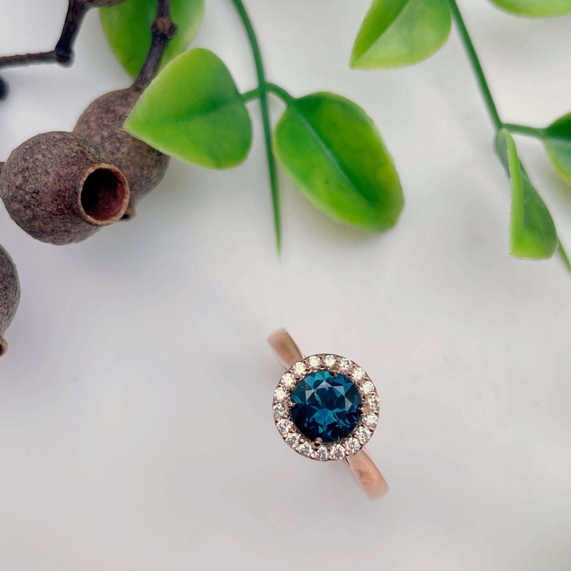 ‘Zipporah’ 1.30ct Teal Australian Sapphire Halo Ring Ring Jason Ree Design 