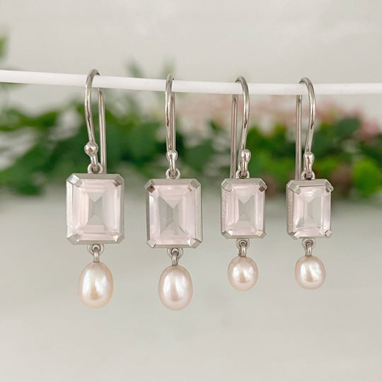 ‘Chevron’ 14ct Rose Quartz & Pink Pearl Drop White Gold Earrings (Small) Earrings Jason Ree Design 