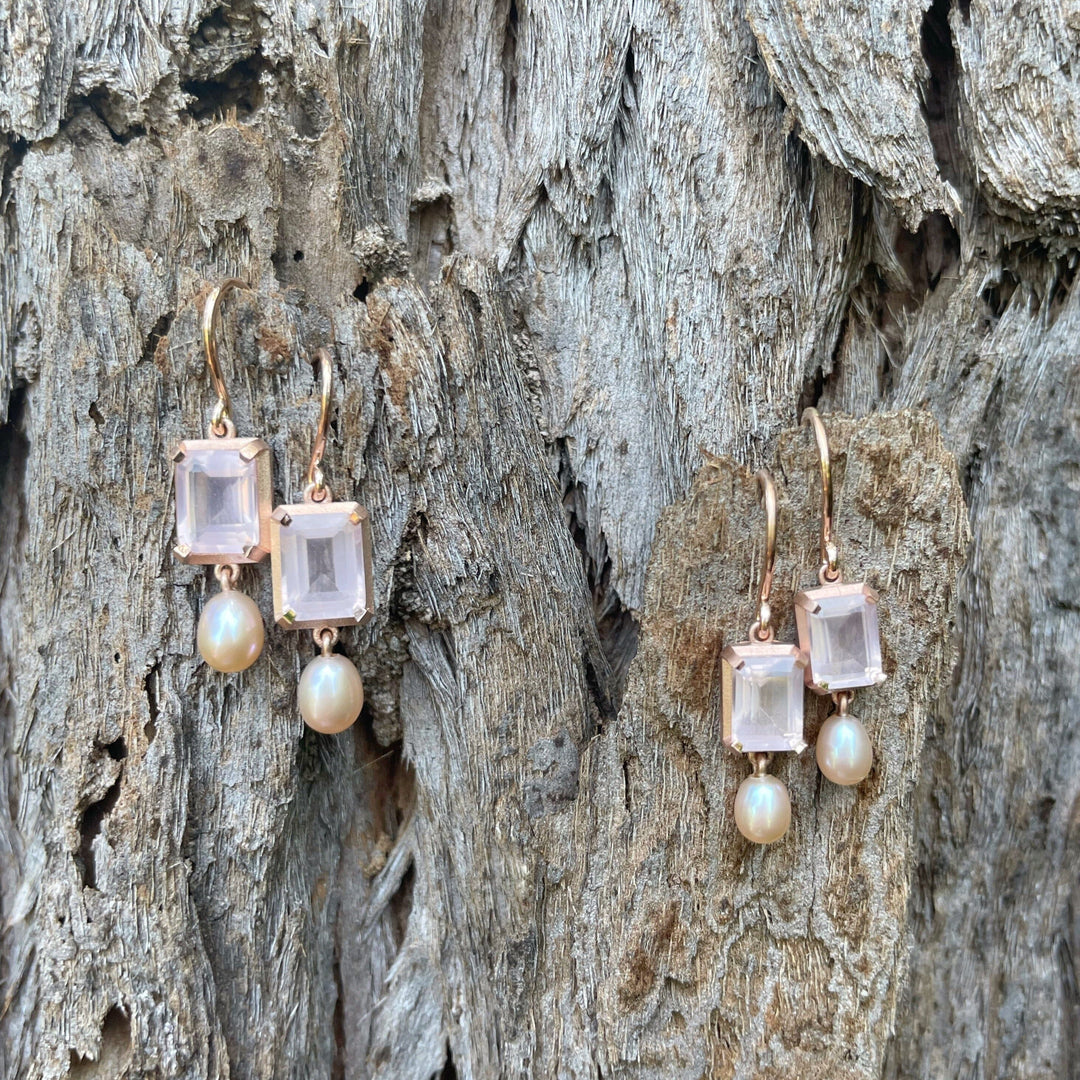‘Chevron’ 14ct Rose Quartz & Pink Pearl Drop Rose Gold Earrings (Small) Earrings Jason Ree Design 