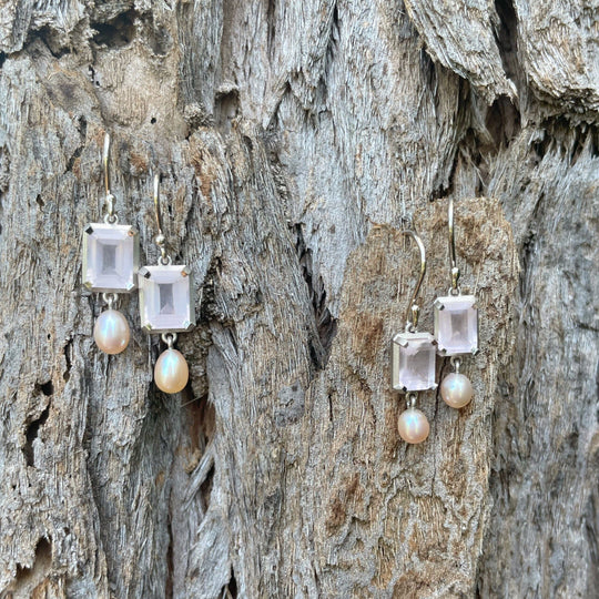 ‘Chevron’ 14ct Rose Quartz & Pink Pearl White Gold Earrings (Large) Earrings Jason Ree Design 