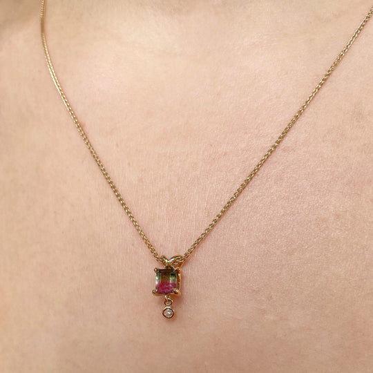 Watermelon Tourmaline & diamond drop gold necklace Pendant Jason Ree Design 