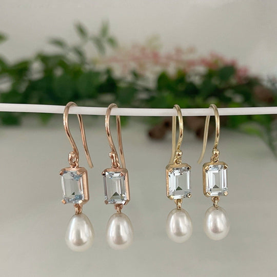 ‘Chevron’ Aquamarine & Freshwater Pearl 14ct Rose Gold Earrings Earrings Jason Ree Design 