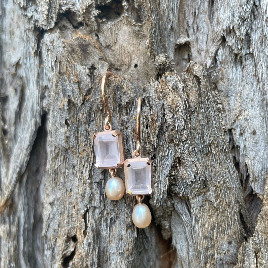 ‘Chevron’ 14ct Rose Quartz & Pink Pearl Drop Rose Gold Earrings (Small) Earrings Jason Ree Design 