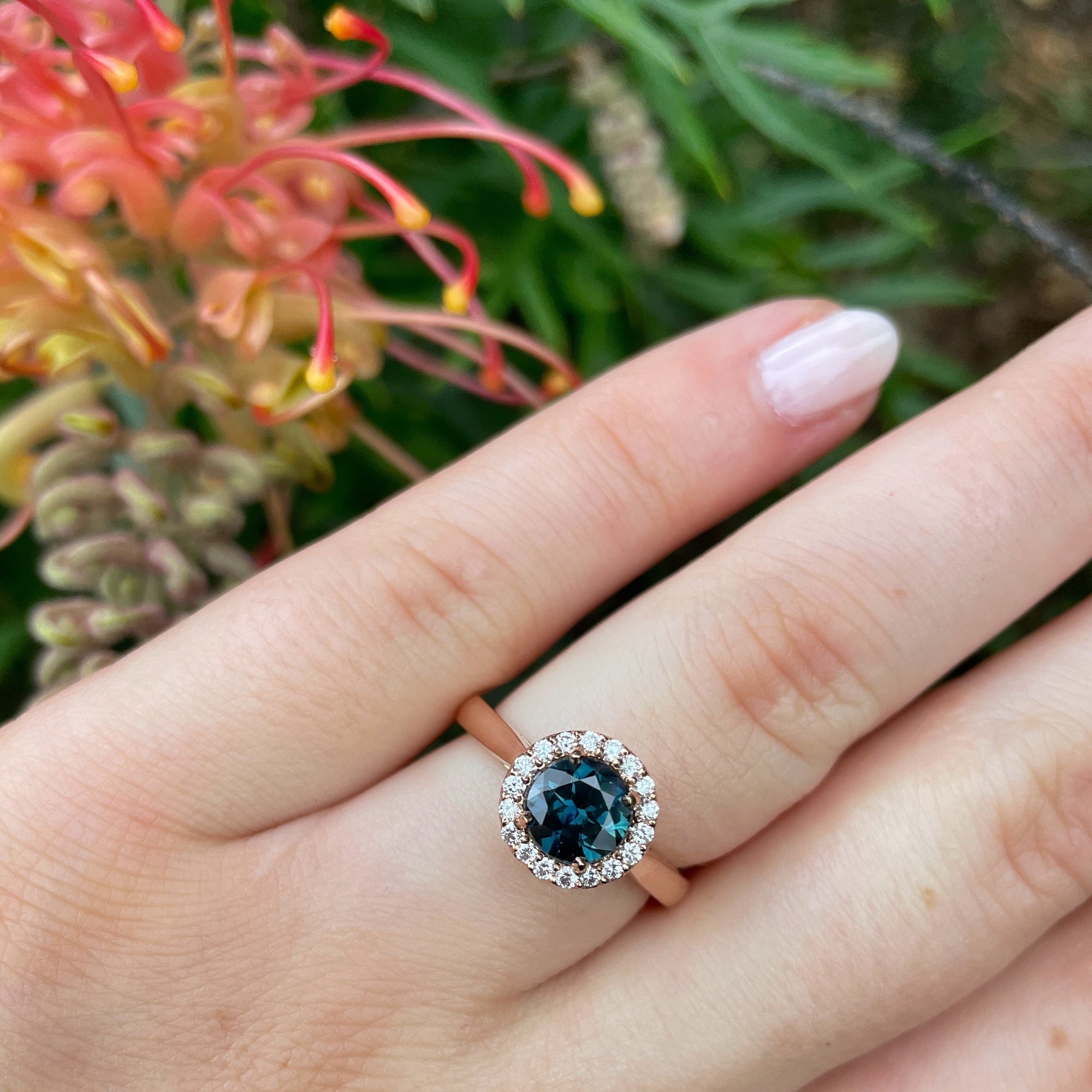 ‘Zipporah’ 1.30ct Teal Australian Sapphire Halo Ring Ring Jason Ree Design 