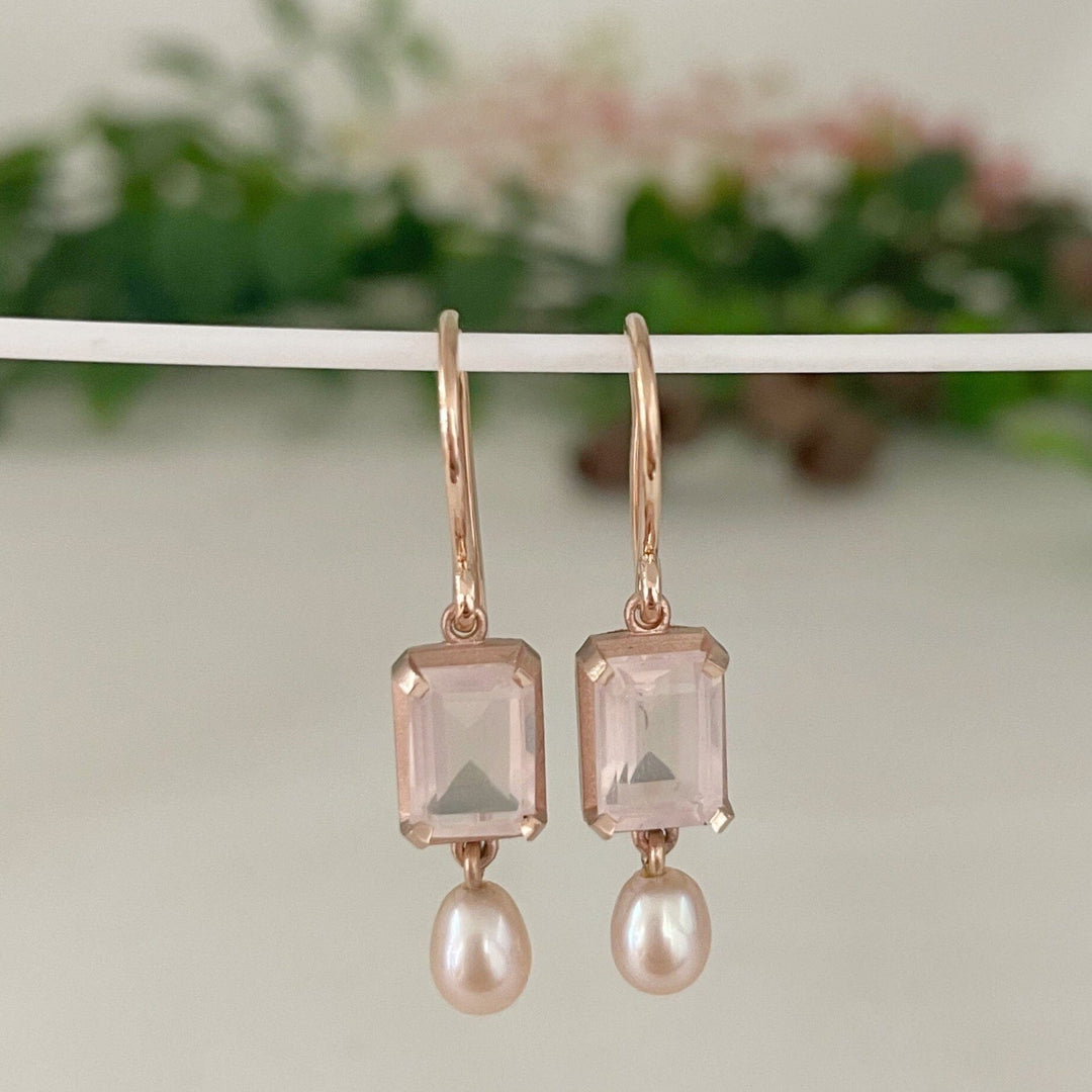 ‘Chevron’ 14ct Rose Quartz & Pink Pearl Drop Rose Gold Earrings (Large) Earrings Jason Ree Design 