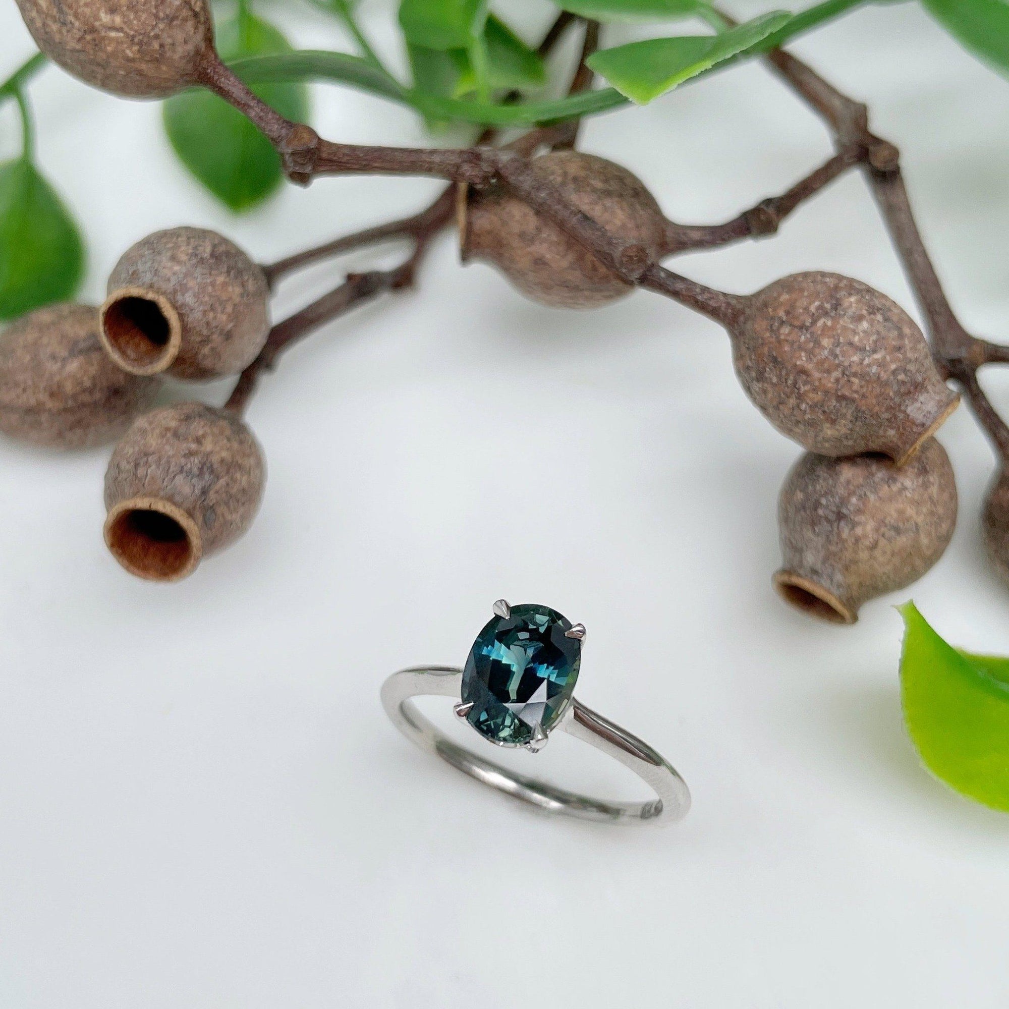"HighWire" 1.69ct teal Australian sapphire and platinum ring