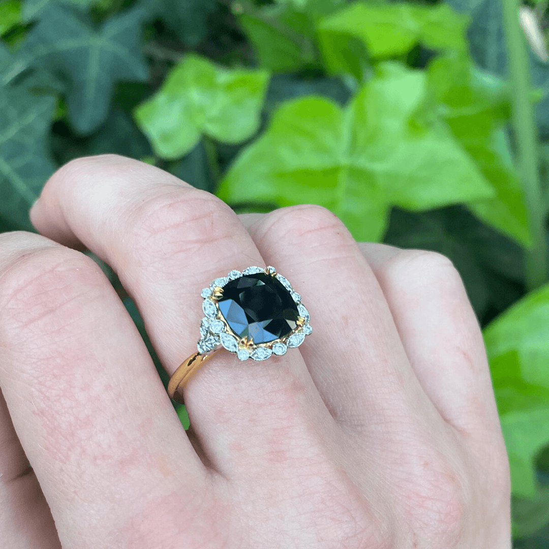 Black Australian Sapphire Cocktail Ring Platinum Yellow Gold
