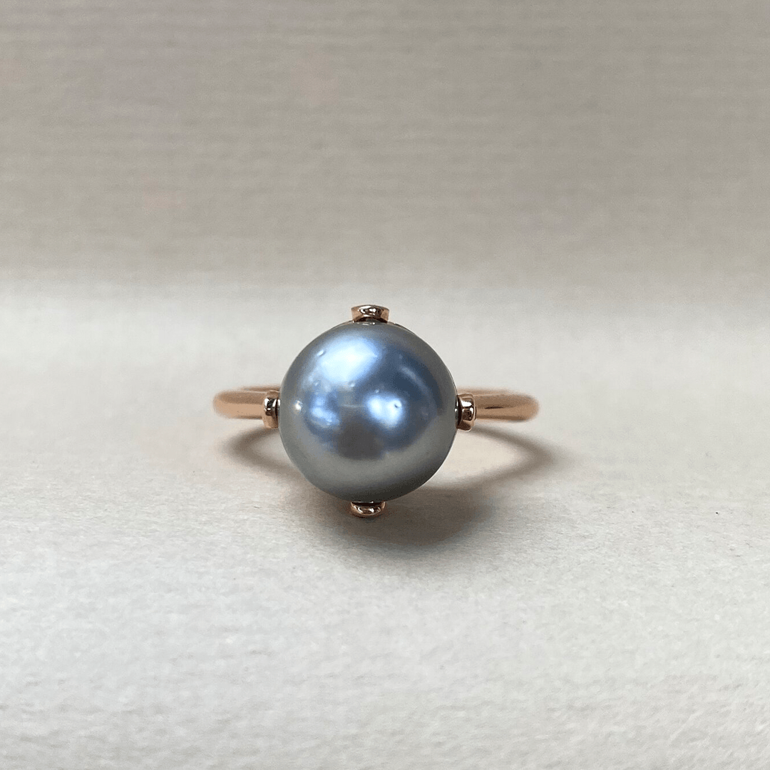 Silver Tahitian Pearl Statement Ring Rose Gold Blue Sapphires