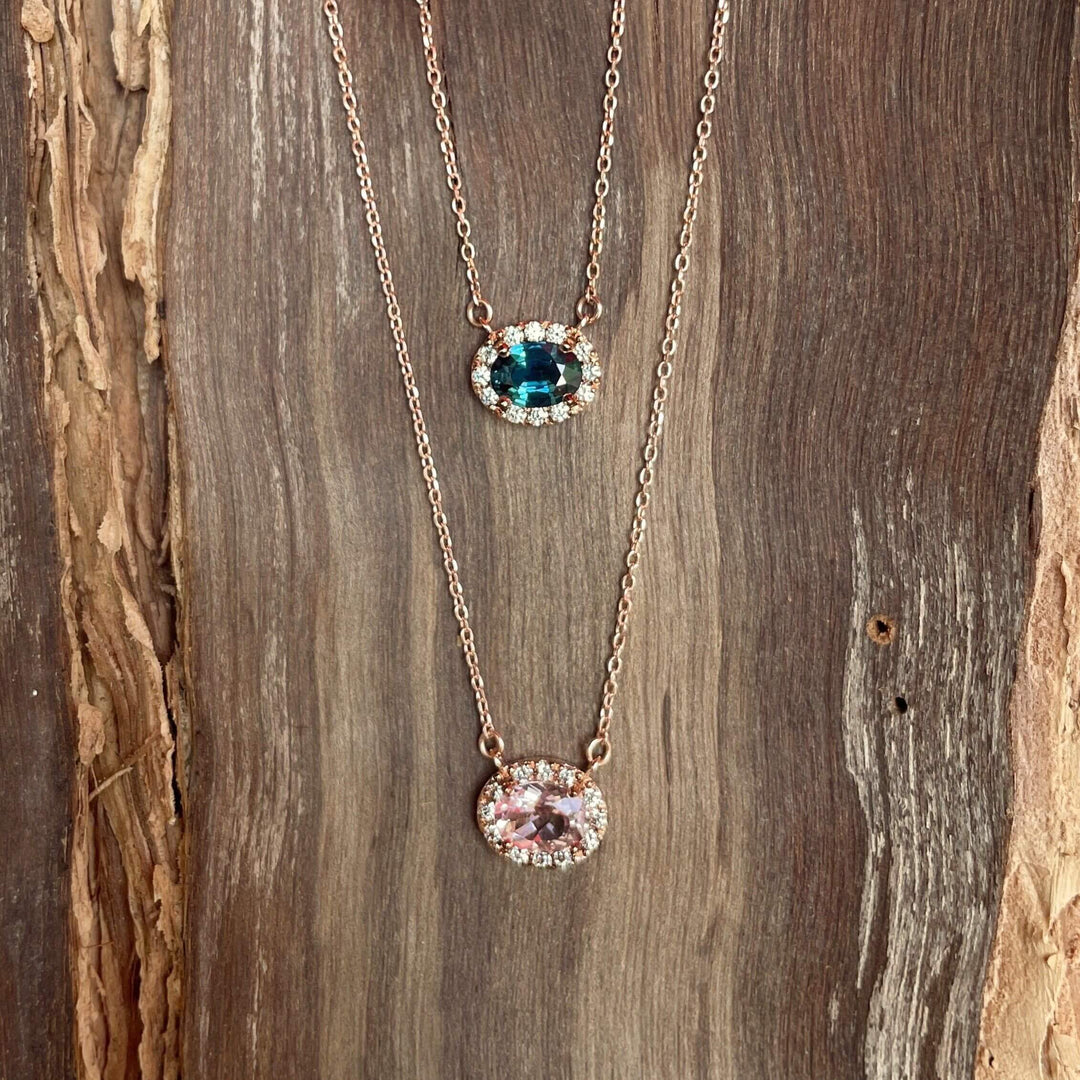 ‘Anja’ Australian teal Sapphire rose gold necklace Pendant Jason Ree Design 