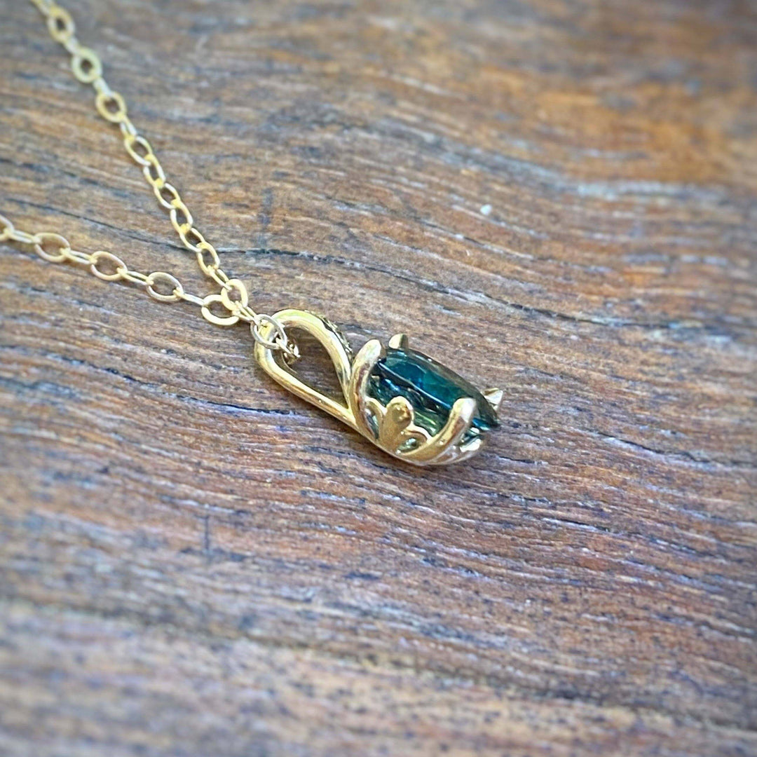 Green Australian Sapphire yellow gold plaited bail pendant & chain Pendant Jason Ree Design 