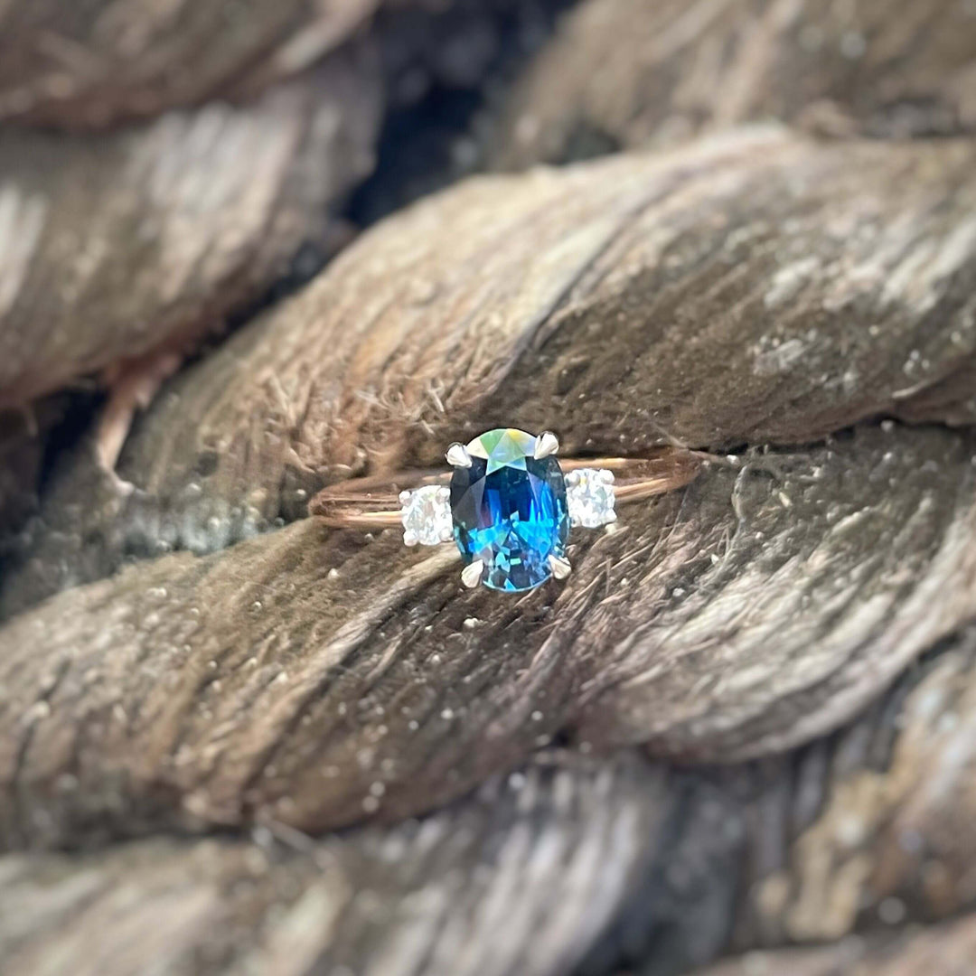 ‘Riverina’ oval Blue Australian Sapphire & diamond ring Ring Jason Ree Design 