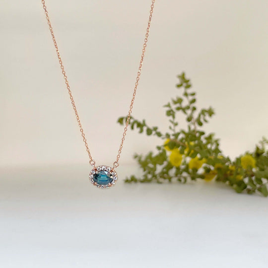‘Anja’ Australian teal Sapphire rose gold necklace Pendant Jason Ree Design 